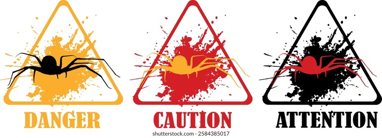 Set of symbols caution attention with poisonous spider. Vector illustration sign danger handwritten brush grunge