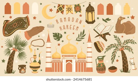 Conjunto de símbolos para celebrar la festividad islámica Ramadan Kareem. Cultura musulmana. Ilustración vectorial aislada.