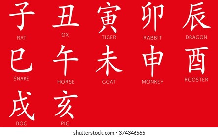 Set of symbols from chinese hieroglyphs. Translation of 12 zodiac animals branch, feng shui signs hieroglyph: Rat, Ox, Tiger, Rabbit, Dragon, Snake, Horse, Goat, Monkey, Rooster, Dog, Pig