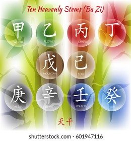 Set of symbols from chinese hieroglyphs. Translation of 10 zodiac heavenly stems, feng shui signs hieroglyph. 