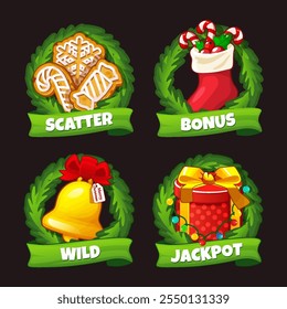 Set of symbols for Christmas Themed Slots- Bonus, Wild, Jackpot and Scatter for your slot machine