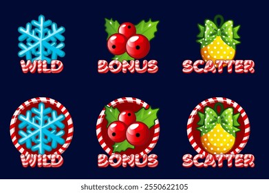 Set of symbols for Christmas Themed Slots- Bonus, Wild, and Scatter for your slot machine. New year icons- berry, Christmas boll and snowflake