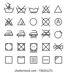 Set symbols of clothes washing, wringing, drying, ironing. Thin line design. Lines with editable stroke.