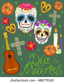 Set symbols of the day of the dead with lettering
