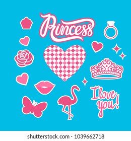 Set of symbols for the design of a princess girl. Pink Flamingo, tiara, inscription, heart, ring, rose. Vector illustration isolated on a blue background.