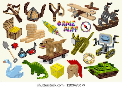 A set of symbols digital game play. Cross bow,chest,dinosaur,dog,cat,robot,rocket,sphinx,pirate ship. Pixel art,cartoon 3d cubes,icons vector.