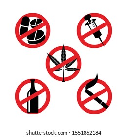 Set of Symbols do not smoke, no alcohol, no drugs. Icons vector illustration