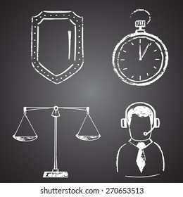  Set of symbols drawn with chalk. Shield, stopwatch, scales, and consultant.