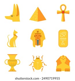  Conjunto de símbolos de la cultura egipcia en estilo de dibujos animados. Ilustración vectorial de varios Elementos dorados: cabeza de Anubis, pirámide, cruz de Ankh, Bast cat, máscara de faraón, esfinge, jeroglíficos, escarabajo escarabajo.