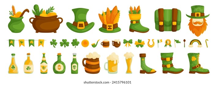 Set of symbols and elements for St. Patrick's Day. Bottles of beer, glasses of beer, cone hats, cauldrons with gold, three-leaf and four-leaf clovers, flags, horseshoes, boots and bows. Green palette