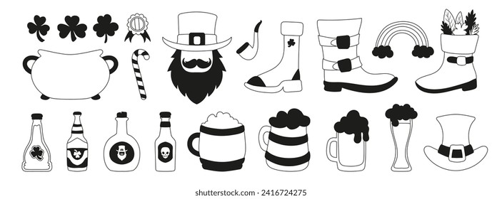 A set of symbols and elements for St. Patrick's Day. Beer bottles, glasses with beer, cone hats, three-leaf and four-leaf clovers, flags, horseshoe, boots and bows. Linear black and white style.