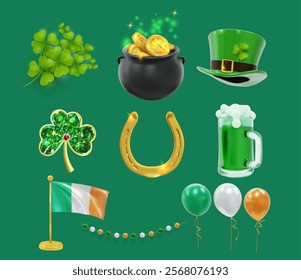 Set of symbols and elements for St. Patrick's Day. 3d icons green cone hat, beer, glasses of beer, cauldrons with gold, three-leaf and four-leaf clovers, flags, horseshoes. Vector illustration.