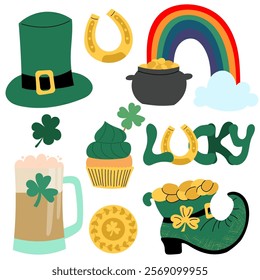 Set of symbols and elements for St. Patrick's Day. Lucky quote phrase, Pot with the golden coins, Leprechaun's boot. Ireland Feast day.