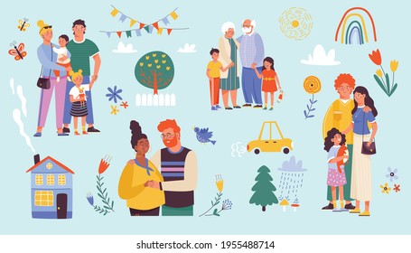 Set symbols of family happy relationships flat vector illustration isolated.