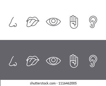 Set of symbols of the five senses - tongue, eyes, ear, hand, nose. Dark on a white background and white on a dark background. Vector illustration