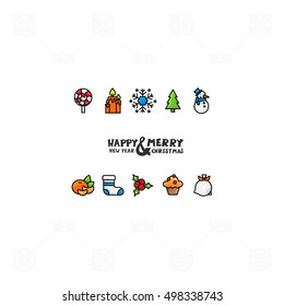 Set of symbols flat design line Christmas and New Year. Vector objects isolated on white background.