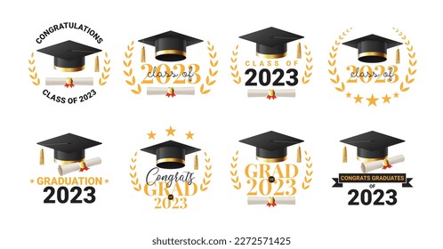 Set of symbols for graduation 2023. Vector illustration with logos for graduation 2023.  Collection of labels class of 2023. Grad ceremony symbols with realistic mortar caps and scrolls.