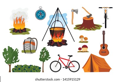 set of symbols of hiking green tourism which are tent, campfire, backpack, cauldron, compass. Flat vector illustration. Vacation and nature vacations concept.