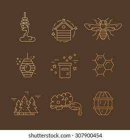 Set of symbols with honey, bee, hive, honeycomb and other honey related items. Vector elements for your design.