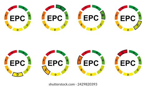 Satz von Symbolen und Symbolen der EPC-Klasse A, B, C, D, E, F und G für die Klassifizierung von umweltfreundlichen Gebäuden und Energieausweisen