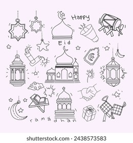 Set of symbols and icons for holy Ramadan doodle line art hand drawn vector illustration.