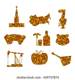 Set symbols and icons for Russia: Kremlin and balalaika, oil rig and vodka, with earflaps and Samovar, dumplings and accordion. Flag of Russian Federation. 