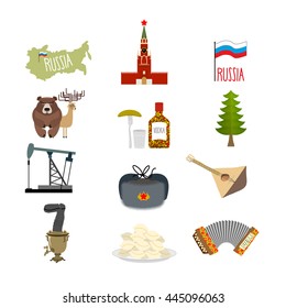 Set symbols and icons for Russia: Kremlin and balalaika, oil rig and vodka, with earflaps and Samovar, dumplings and accordion. Flag of Russian Federation. 