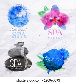 Set of symbols icons spa natural stones, orchid, water droplets stylized watercolor painting