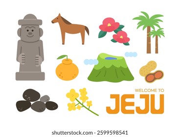 A set of symbols illustration of Jeju island, South Korea. Welcome to Jeju island. Isolated flat vector graphics on white background.