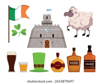 Set of symbols of Ireland in cartoon style. Vector illustration: flag, shamrock, palace, sheep, glasses of beer, leprechaun hat, bottles of different shapes of whiskey isolated on white background.