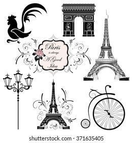 A set of symbols and landmarks of France, vector illustration