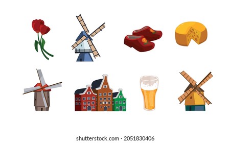 Set of symbols and landmarks of Holland or Holland, flat vector illustration isolated on white background. Icons of tourists landmarks and sightseeing of Holland.