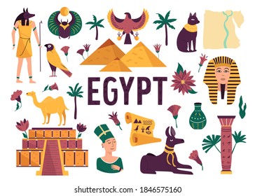 Set of symbols, landmarks, objects of ancient Egypt. Vector illustration in a flat style