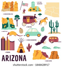 Set of symbols, landmarks, objects of Arizona State, USA. Vector collection of icons