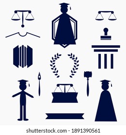 Set of symbols of law and jurisprudence scales lawyer judges robe Libra column book stamp shield olive color feather. Isolated vector illustration for creating a corporate identity for a law company,