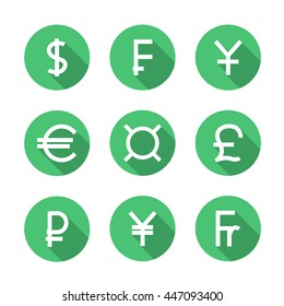 Set  symbols of the leading world  currencies with long diagonal shadow, vector illustration.