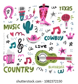 Set Of Symbols And Lettering On Country Music Theme. Handdrawn Illustrations For Your Design.