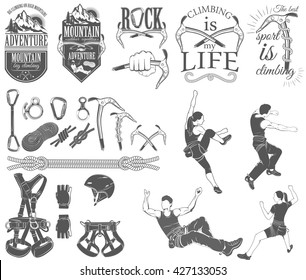 The set of symbols and logos for climbing and mountaineering. Collection of images gear for climbing sport.