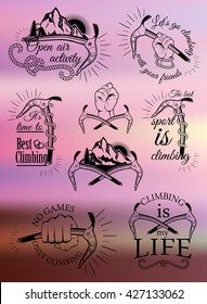 The set of symbols and logos for climbing and mountaineering. Collection of images gear for climbing sport.