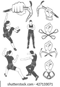 The set of symbols and logos for climbing and mountaineering. Collection of images gear for climbing sport.