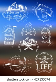 The set of symbols and logos for climbing and mountaineering. Collection of images gear for climbing sport.
