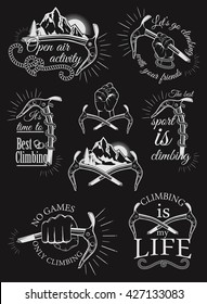 The set of symbols and logos for climbing and mountaineering. Collection of images gear for climbing sport.
