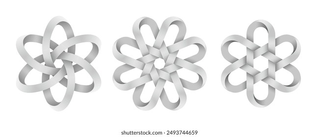 Conjunto de símbolos confeccionados con rayas móviles entrelazadas en Formas hexagonales y octagonales. Ilustración vectorial aislada sobre un fondo blanco.