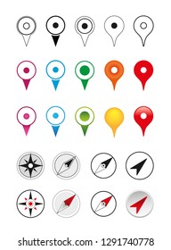 Set of symbols - markers for maps and navigation - point, wind rose, arrow - vector illustration