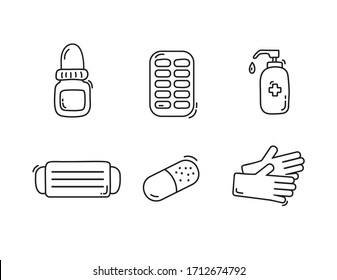 Set of symbols medical specialization. Face mask, pills, liquid hand soap, medical gloves, medicine bottle design element. Medical concept made in line style vector.
