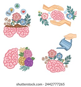 Set of symbols mental health blooming brain vector illustration