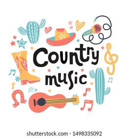 Set Of Symbols And Mosern Lettering On Country Music Theme. Hand Drawn Doodle Illustrations Isolated On White Background