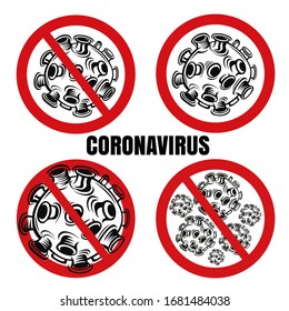 Set of symbols of movochrome coronavirus molecules COVID-19 inside of red crossed circle. Vector illustrations virus wuhan from china