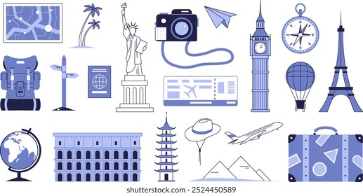 A set of symbols and objects associated with the tourism business and travel.