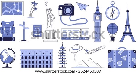 A set of symbols and objects associated with the tourism business and travel.